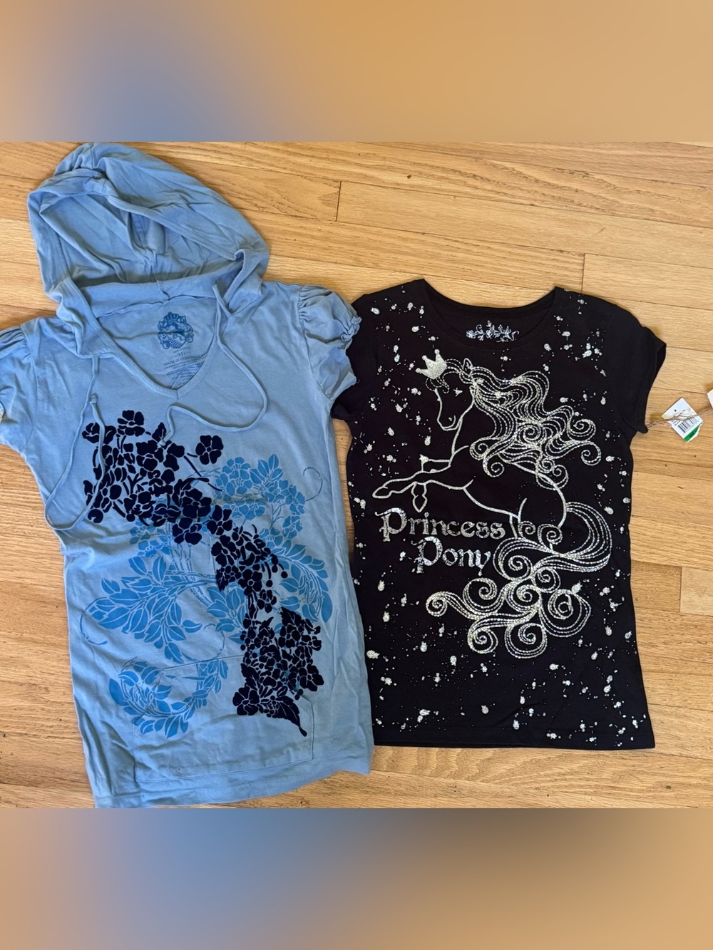 Girls MEDIUM NEW 2 t shirts Blue Floral Hooded Tee & black princess pony SL